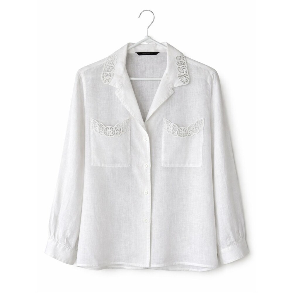 Zara Woman White Crisp Linen Lace Pockets Collar Detail Button Front Chic Blouse